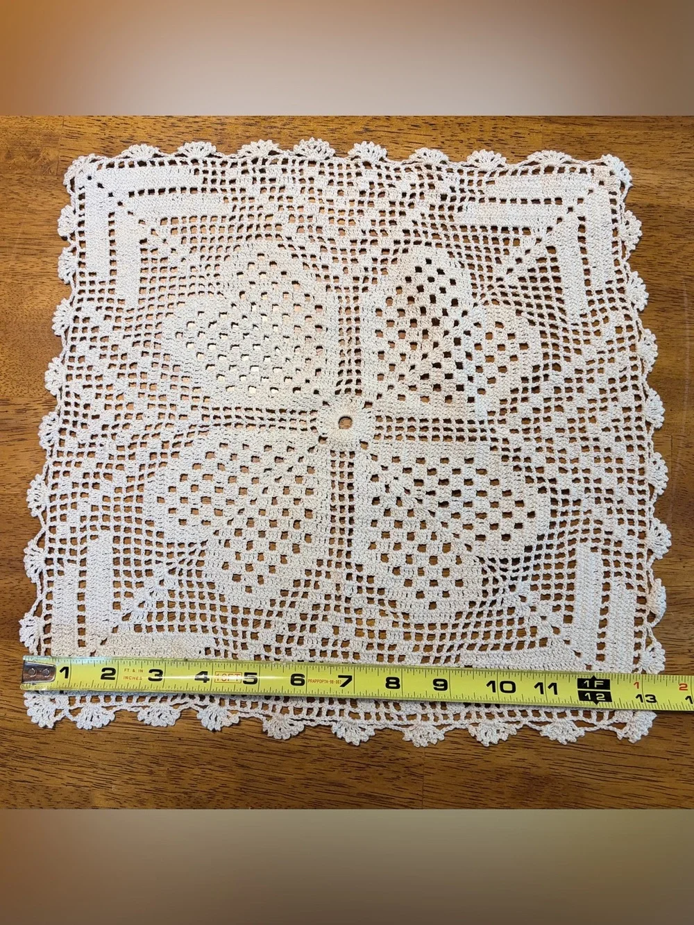 Vintage square filet crochet handmade doily.Cream cotton,13 inch X 13 inch